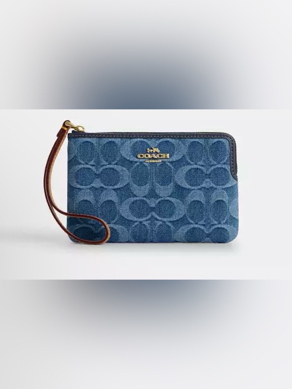 Coach Corner Zip Wristlet In Signature Denim